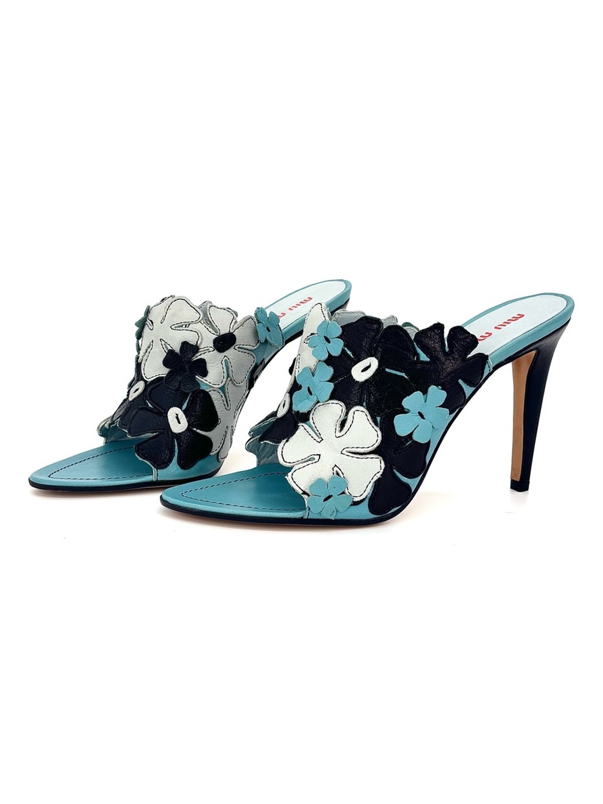 Miu Miu Vintage Blue Floral Cutout Heeled Mules Sandals 38.5
